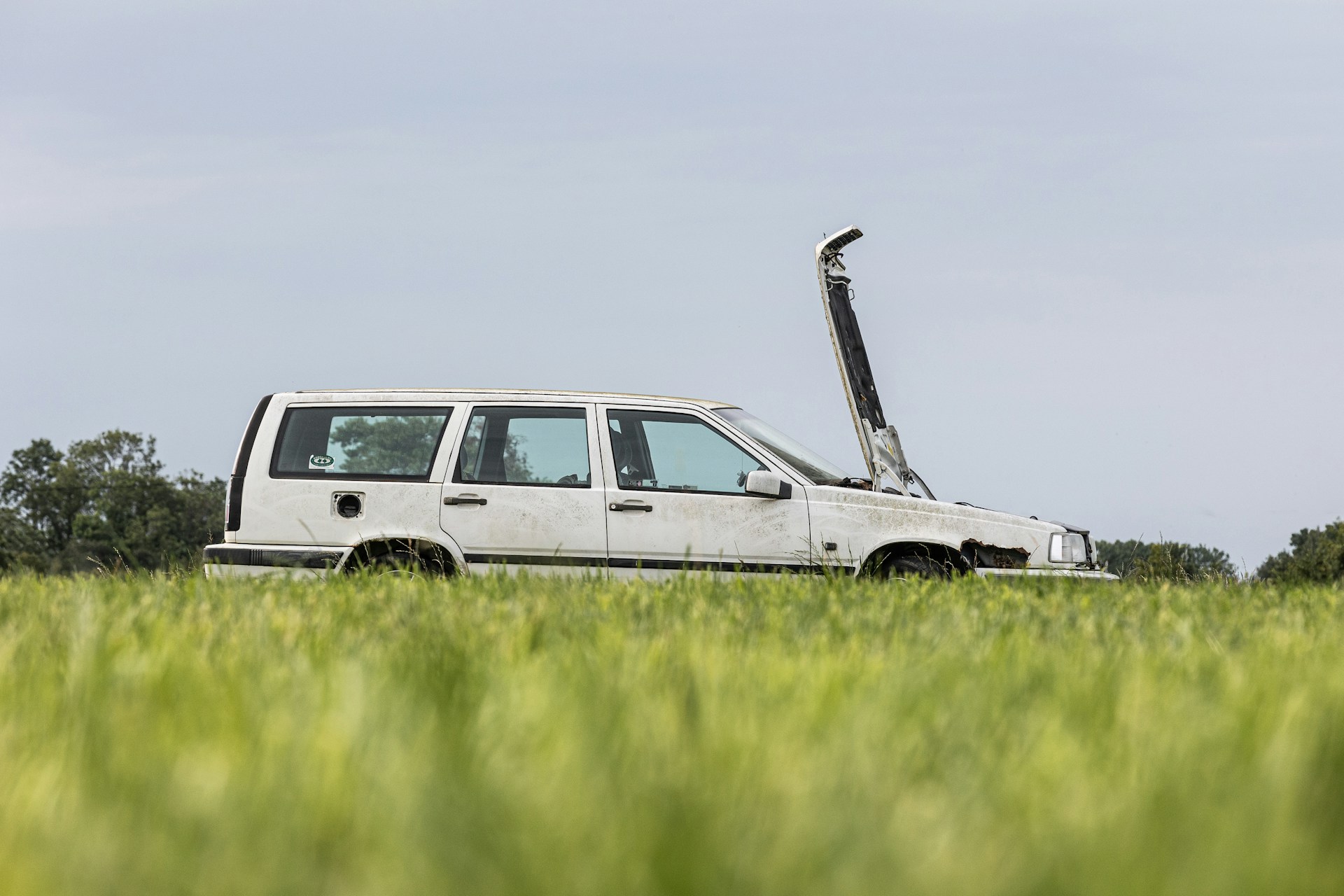 Auto und die Verkehrspolitik der Stadt Altes weißes Auto mit offenem Motorhaube, das im Gras steht