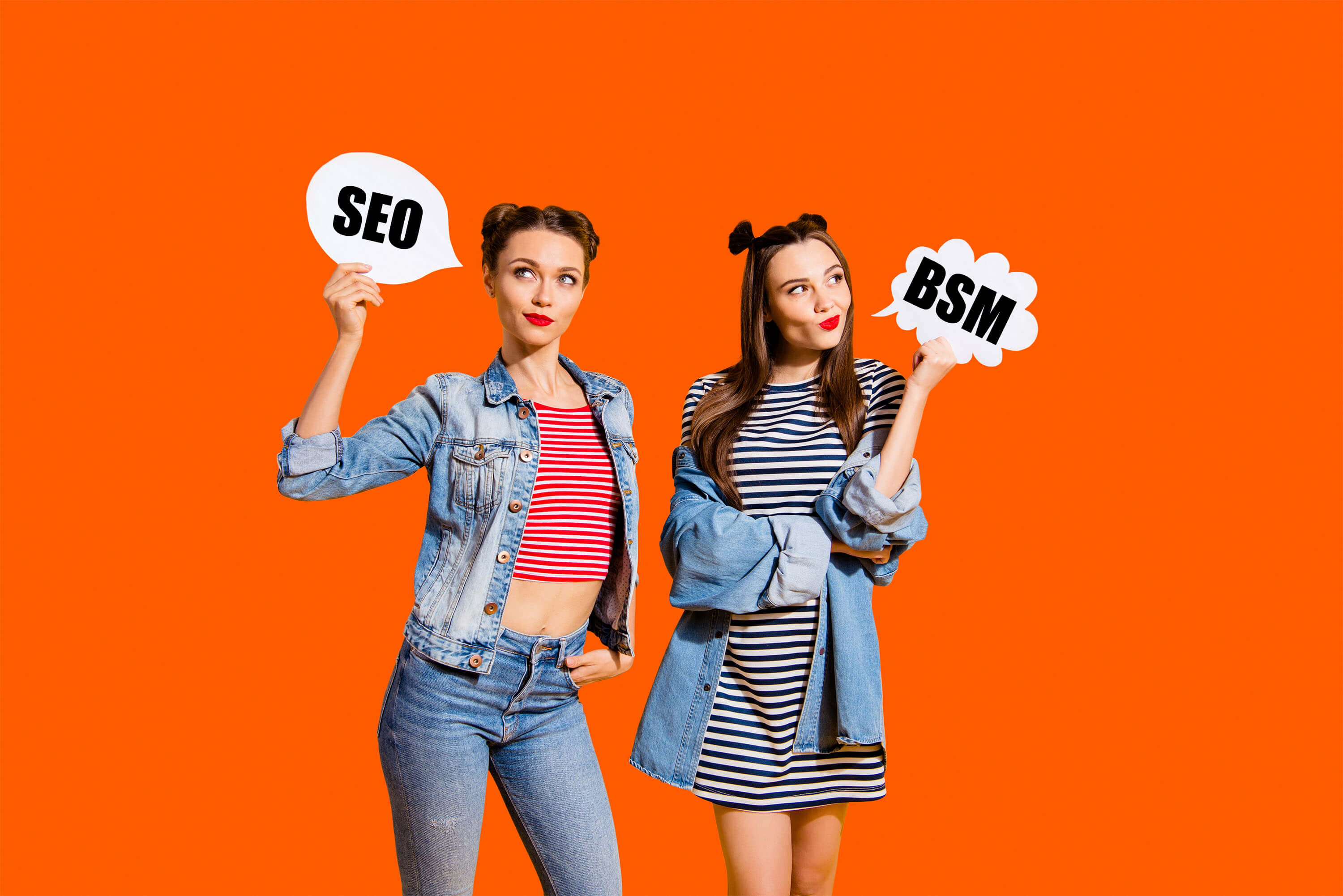 SEO vs Marken-Semantik — der Unterschied zwischen SEO und Marken-Semantik Unterschied zwischen SEO und Marken-Semantik — zwei Frauen, die zwei Marketingansätze symbolisieren: klassisches SEO und BSM in der KI-Ära